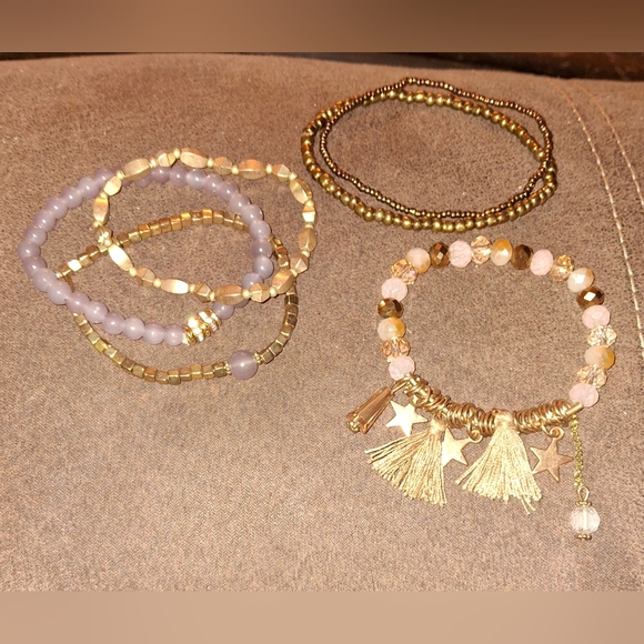 Lot of beaded bracelets stretchy goldtone lilac brushed polished metal acrylic - Picture 8 of 9